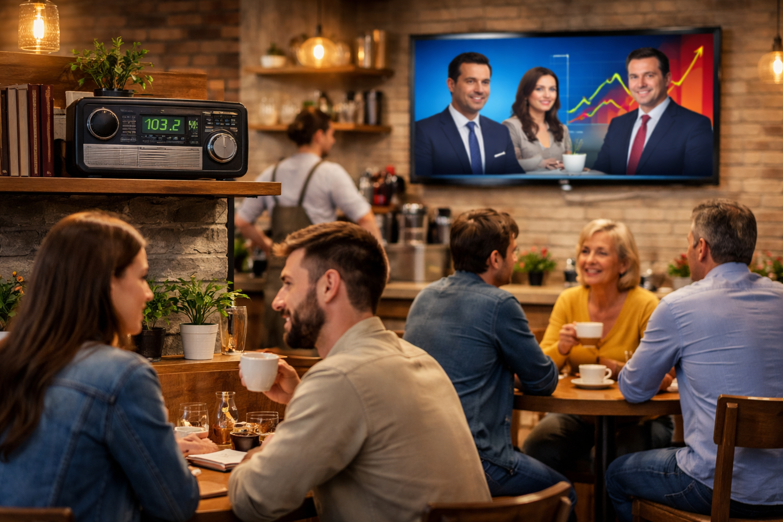 телевизор в кафе с посетителями и фоновой музыкой