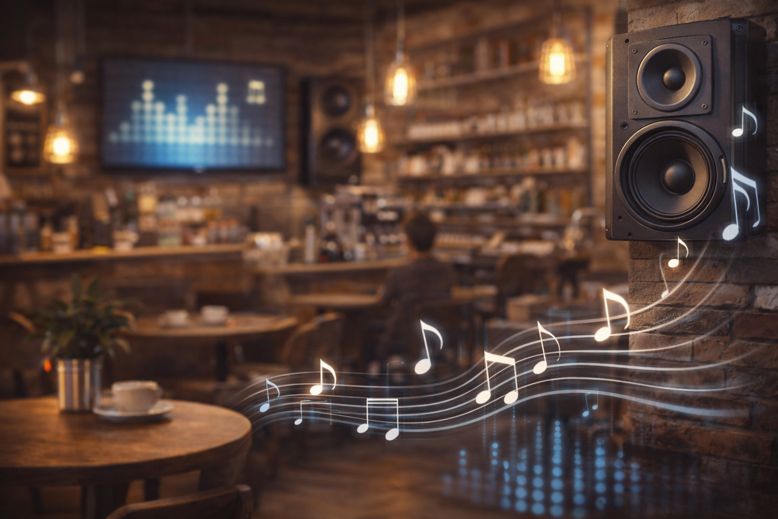Музыка звучит в кафе через акустическую систему — пример публичного воспроизведения музыки